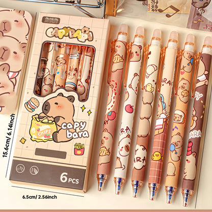 6pcs Cute Capybara Erasable Gel Pens | 0.5mm Retractable Blue Ink for School & Office | Smooth Writing & Quick-Drying (6 Colo