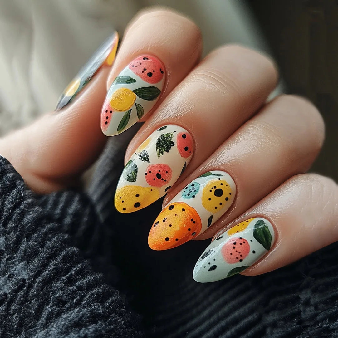24Pcs Short Round Almond Lovely False Nails Full Cover Fresh Cartoon Fruit Pattern Designs Wearing Nails Art French Summer Na