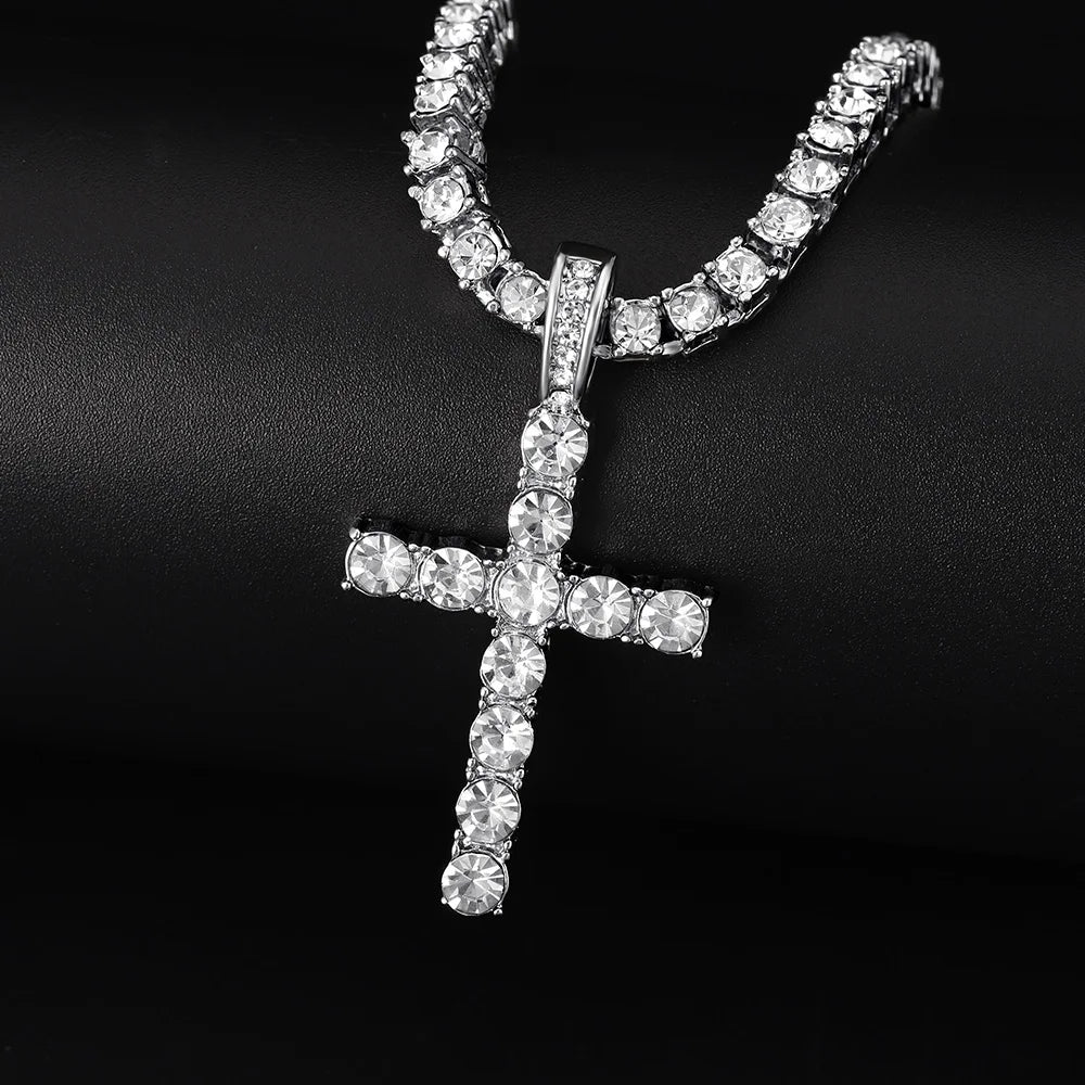 Men Women Hip Hop Cross Pendant Necklace With 4mm Zircon Tennis Chain Iced Out Exquisite Bling Jewelry Fashion Trendy Creativ
