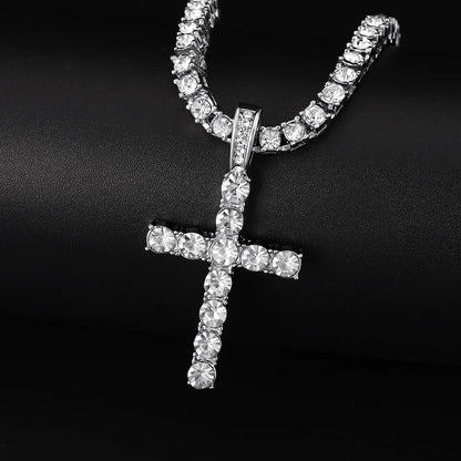 Men Women Hip Hop Cross Pendant Necklace With 4mm Zircon Tennis Chain Iced Out Exquisite Bling Jewelry Fashion Trendy Creativ