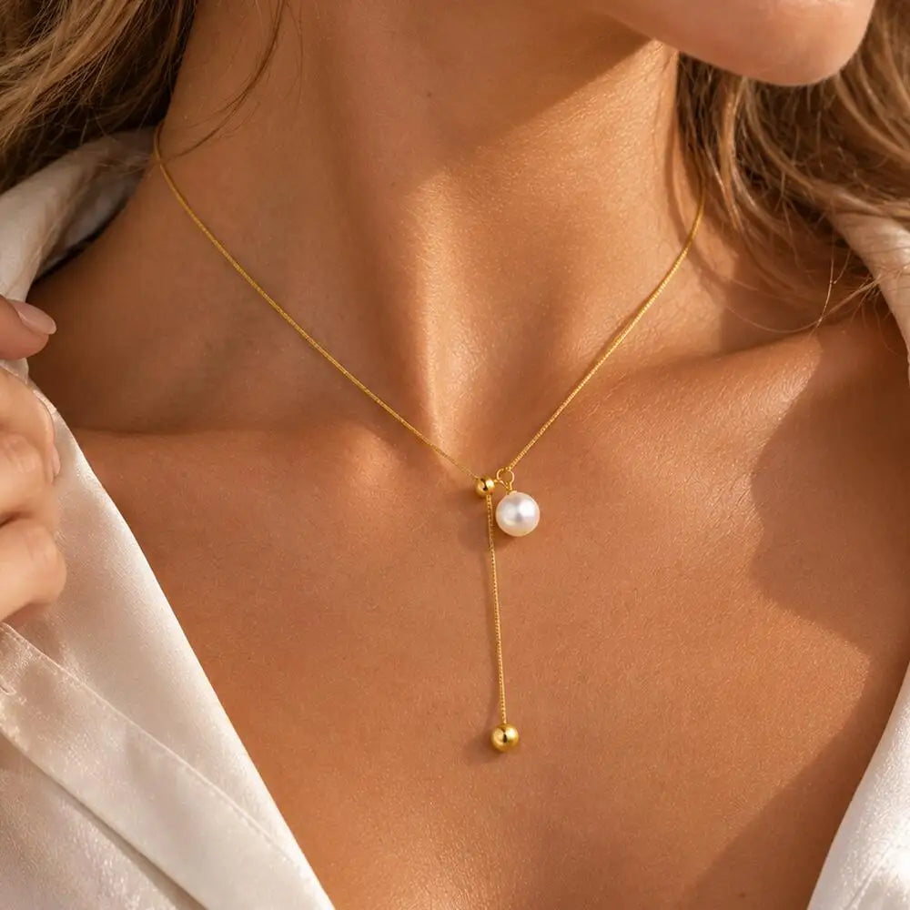Pearl Lariat Necklace for Women, Gold Plated Stainless Steel Adjustable Slide Chain Y Necklace with Pearl Charm, Dainty Jewel