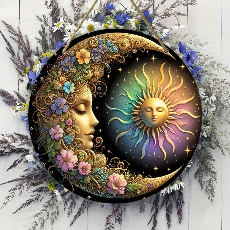 Mandala art style sun and moon wall plate-classic design and manufacture of wooden decorative logo, 8x 8 inches, floral patte