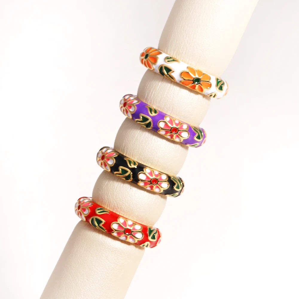Vintage Colorful Enamel Flower Rings Trendy Geometric Female Minimalist Flower For Ladies Wedding Party Engagement Jewelry Gi