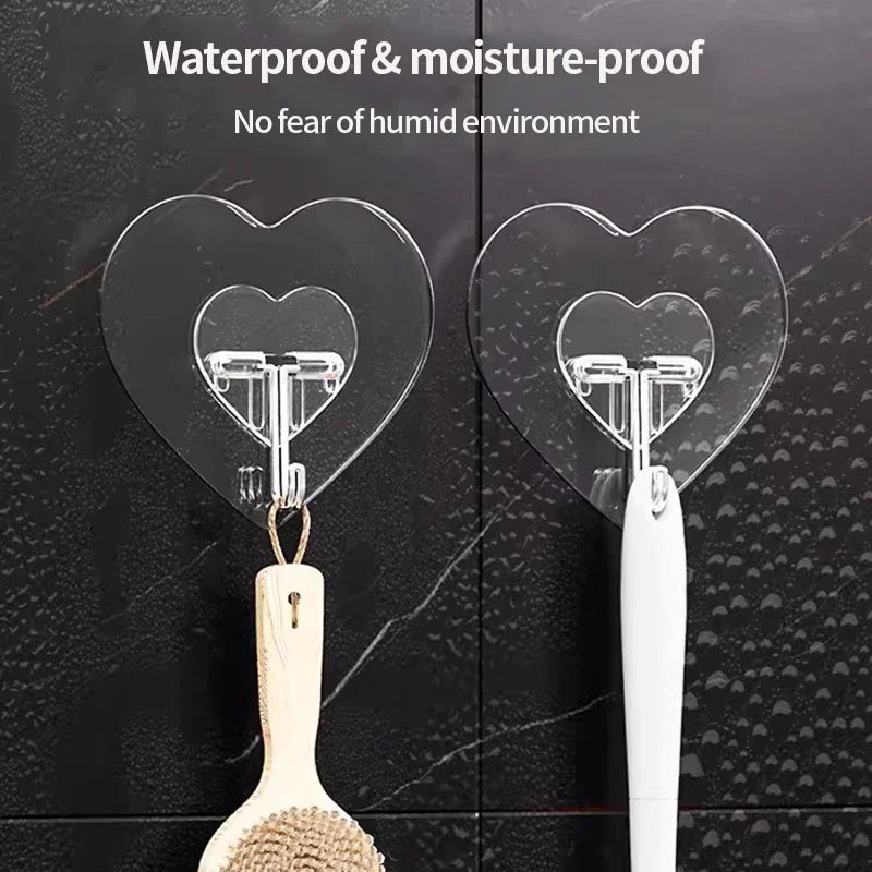Heart Shape Transparent Hooks Non Punching Plastic Love Hangers Holder Self Adhesive Key Towel Multi-Purpose Hooks Storage Ra