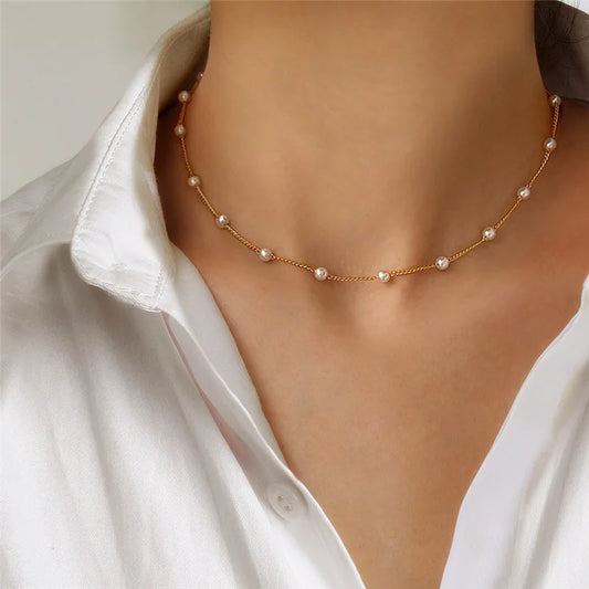 New Beads Women's Neck Chain Kpop Pearl Choker Necklace Gold Color Goth Chocker Jewelry On The Neck Pendant 2022 Collar For G