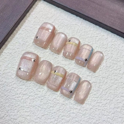 10pcs/set Handmade Press-On Nails - Blue Glossy Fish & Bubbles Design Short Oval Fake Nails with Cat Eye Effect False Nails