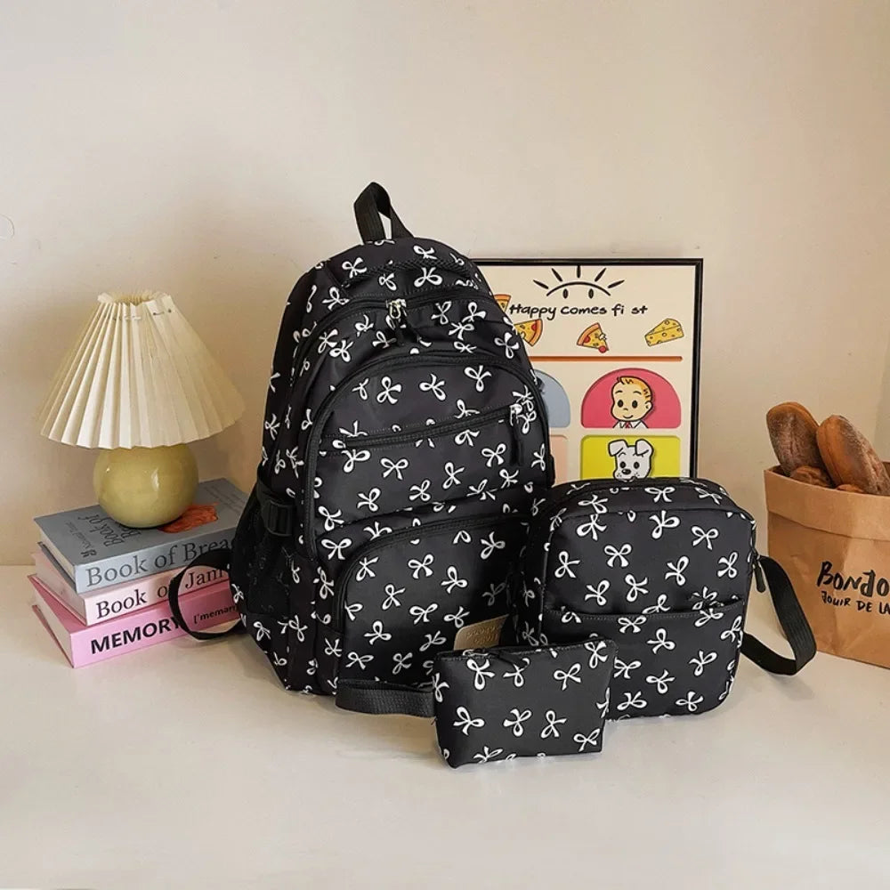 3 Pcs/Set Cute Schoolbag Large Capacity Bow Backpack Bow Print Nylon School Bag Adjustable Strap Travel Backpack - Black