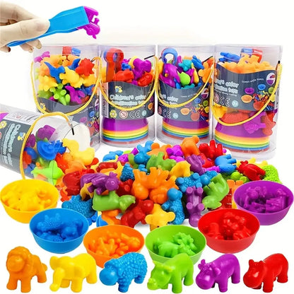 Children Counting and Sorting Toys Pom Poms Rainbow Colors Plastic Bowls Tweezers Fine Motor Skill Children Learning Toys