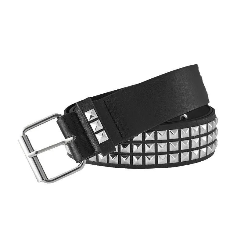 New Vintage-Style Belt with Square Beads and Rivets, Metal Pyramid-Shaped Belt. Unisex Punk-Style Belt with Five-Bull Design,