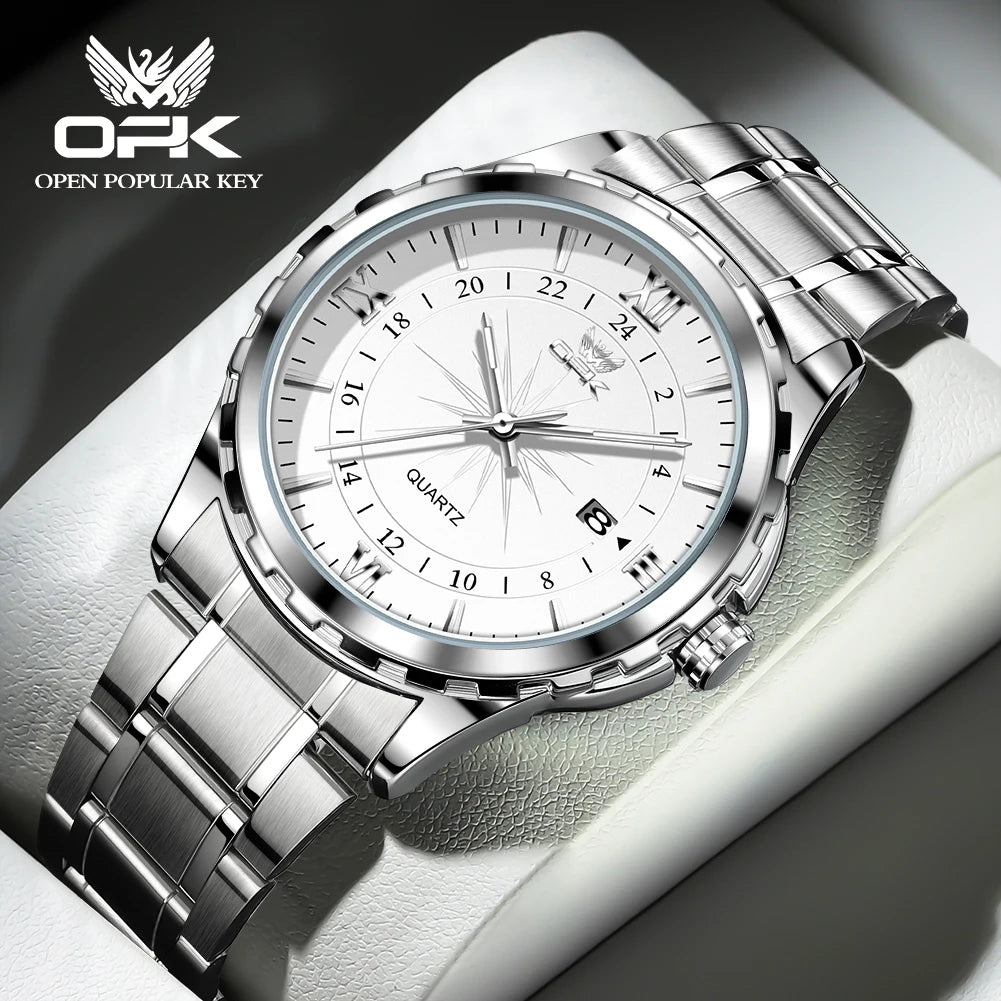 OPK Brand Steel Belt Dual Calendar Men's Quartz Watch 6003 - white