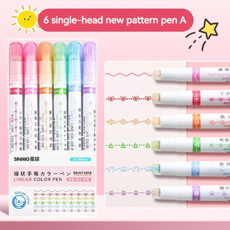 6Pcs/Set Flower Line Shape Highlighter Pen Roller Tip Curve Liner Marker Kawaii Korean Stationery School Office Supplies Gift