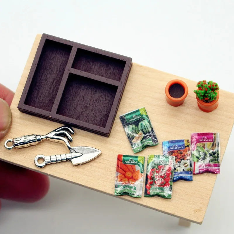 Dollhouse Gardening Wooden Box Shovel Potted Plant Seeds Mini Model Garden Scene Accessories