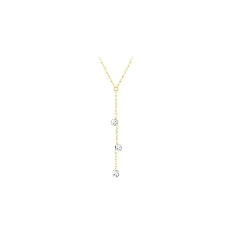 18K Gold Plated 925 Silver Lariat Necklace Tiny 3 CZ Y-Shaped Drop Pendant Thin Chain Necklace Ladies Elegant Daily Jewelry