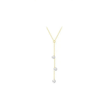 18K Gold Plated 925 Silver Lariat Necklace Tiny 3 CZ Y-Shaped Drop Pendant Thin Chain Necklace Ladies Elegant Daily Jewelry