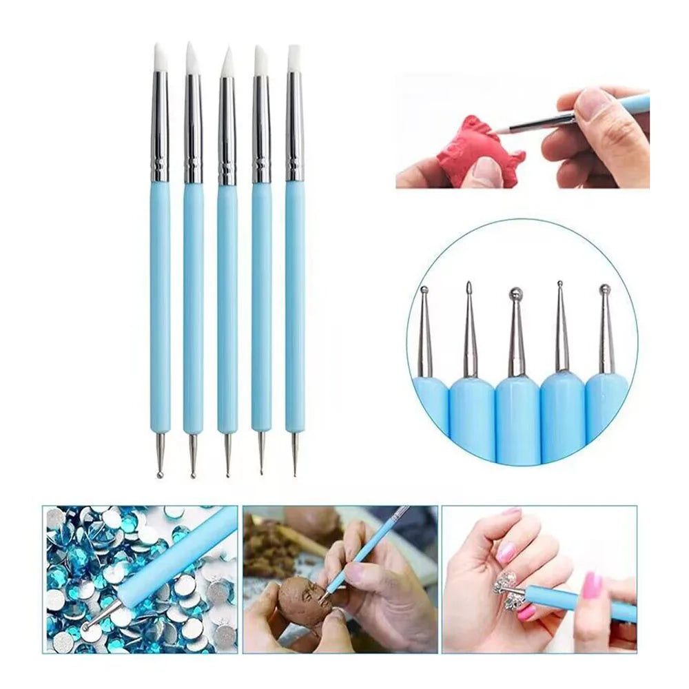 5pcs/Set Double-ended Silicone Head Carving Dotting Pen Brush Modeling Dotting Nail Art Pottery Clay Tool DIY Sculpting Tools