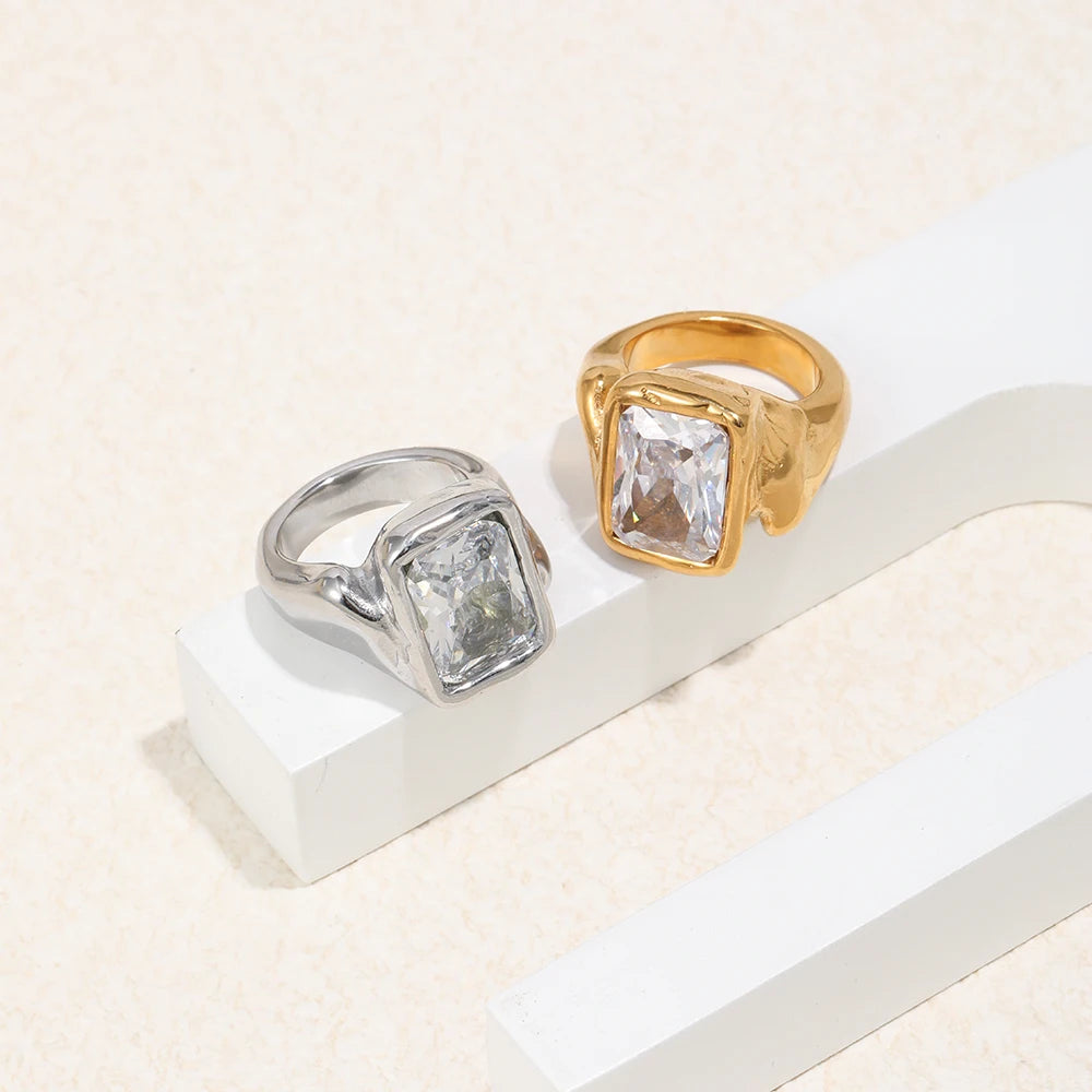 E.B.belle Gold Plated Deep-patterned Square Zircon Ring Simple Statement With Irregular Design Tarnish Free Women's Jewelry