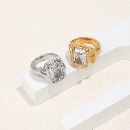 E.B.belle Gold Plated Deep-patterned Square Zircon Ring Simple Statement With Irregular Design Tarnish Free Women's Jewelry