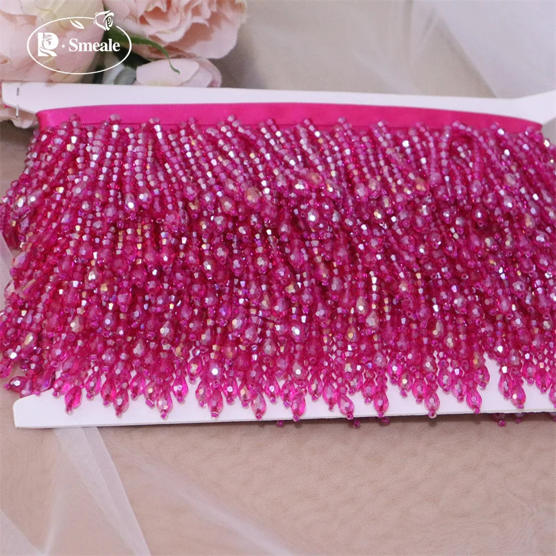 Lace Trim Beaded 2 Yards, Crystal Tassels, 5.5 Cm Wide, Vintage Lace Accent for Sewing, Scrapbooking - Rose red -B / 1Yard