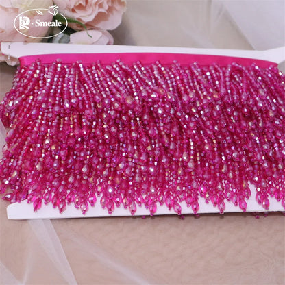 Lace Trim Beaded 2 Yards, Crystal Tassels, 5.5 Cm Wide, Vintage Lace Accent for Sewing, Scrapbooking - Rose red -B / 1Yard