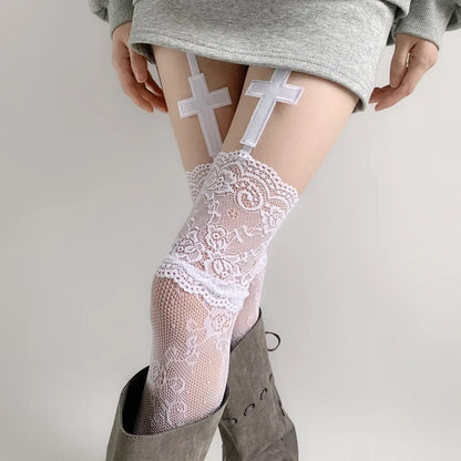 Women's Sexy Lace Floral Fishnet Stockings Costumes JK Lolita Thigh High Socks Nylon Mesh Breathable Over The Knee Stockings