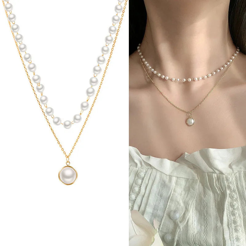 New Korean Pearl Necklaces for Women Gold Color Link Chain Choker Fashion Neck Accessories Elegant Collar Bijoux Femme - N142