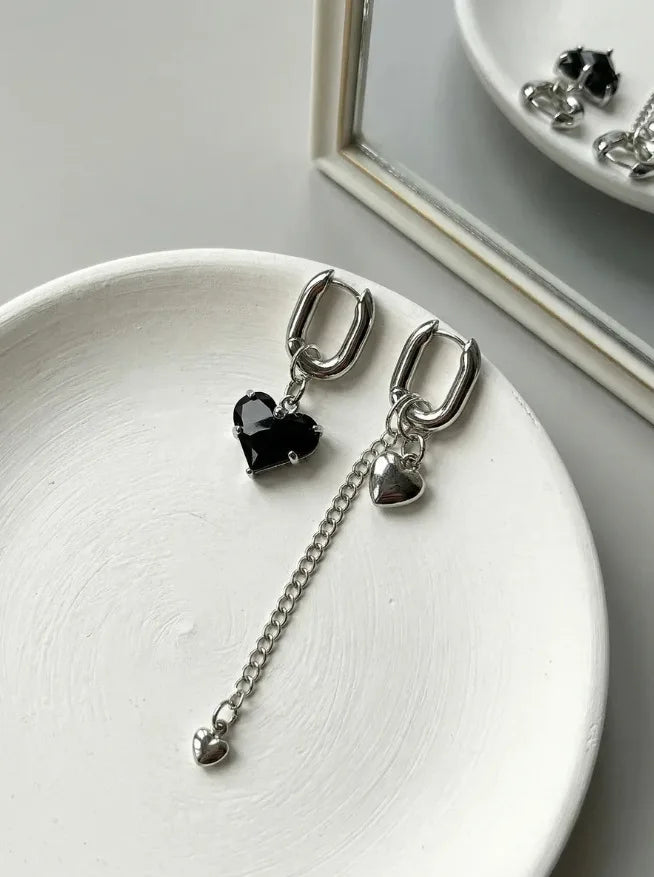 Fashion Tassel Zircon Heart Asymmetric Long Earrings