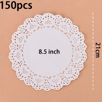150pcs Round Paper Lace Doilies Party Decorative Tableware Placemats White Paper Mats Table Decoration - F