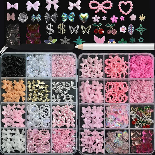 12Grids 3D Bow Nail Art Charms Kit Multicolor Bowknots Flowers Bear Charm Trendy Nail Supplies for Salon DIY Manicure Accesso