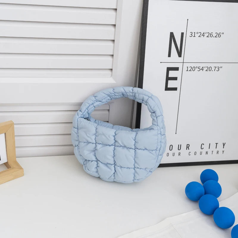 Fashion Mini Puffer Tote Bag Quilted Circle Phone Purse Elegant Purple Soft Nylon Padded Key Pouch Simple Trend Handbag - A1