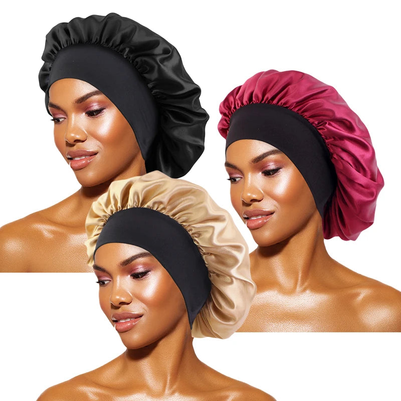 Women's Satin Solid Bonnets Wide-brimmed Night Sleeping Bathing Hat Unisex Head Wrap Elastic Band Cap Hair Care Bonnet - BK W