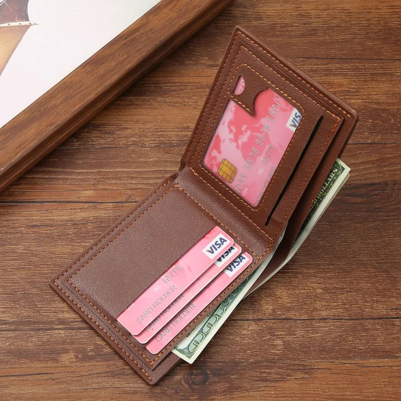 Lychee Texture Leather Card Clip Short Men'S Coin Purse Wallet Business-Style Cash Money Purse Multi Patchwork Card Slot Hold