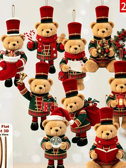 20/10 Pieces of Randomly Assorted 2D Flat Bear-Shaped Handmade Wooden Christmas Ornaments with Various Christmas Motifs, Suit