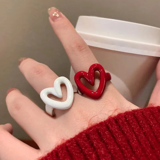 LATS White Red Enamel Heart Sweet Ring for Women Girls Trendy Geometric Dripping Oil Y2K Opening Rings Jewelry Gift