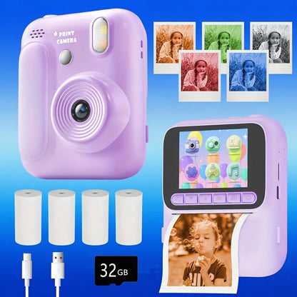 Color Printing Camera Kids Instant Camera 32GB 1080P Thermal Print Digital Camera Print Photo Video Games Music Children Gift