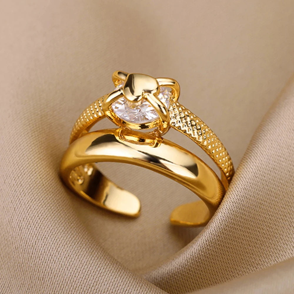Stainless Steel Zircon Geometric Rings For Women Luxury Evil Eye Gold Color Adjustable Trendy Wedding Aesthetic Jewerly Gift 