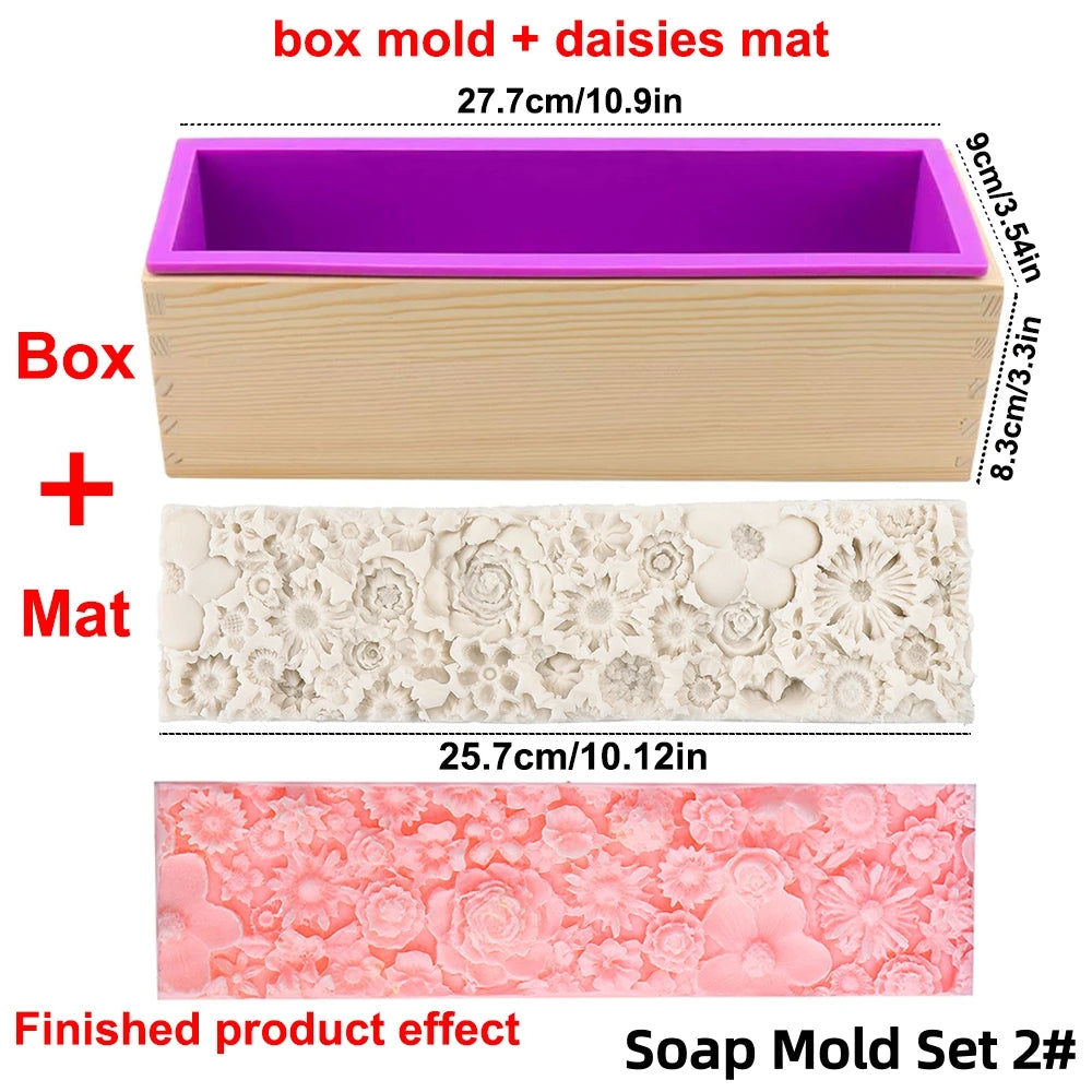 Silicone Wooden Box Soap Mold Making Kit DIY Artistic Soap Making Mold with Flexible Rectangle Floral Flower Embossing Mat - 