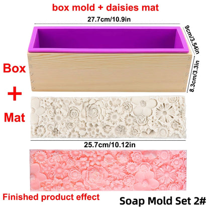 Silicone Wooden Box Soap Mold Making Kit DIY Artistic Soap Making Mold with Flexible Rectangle Floral Flower Embossing Mat - 