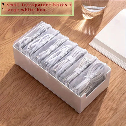 Data Cable Storage Box with 7 Small Compartment Boxes, Desktop Cable Organizer for Office Desk - 7 Small Box 1 Large