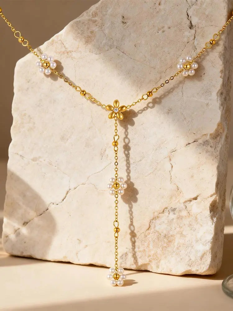 Golden Drop Lariat Chain, Women's Layered Beaded Y Necklace, Stainless Steel Flower Pearl Long Pendant Fashion Jewelry Gift