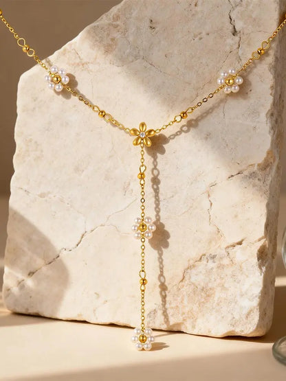 Golden Drop Lariat Chain, Women's Layered Beaded Y Necklace, Stainless Steel Flower Pearl Long Pendant Fashion Jewelry Gift