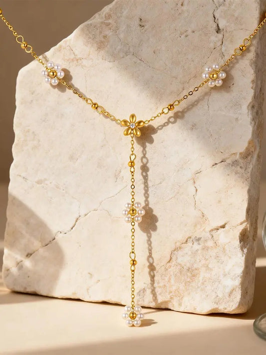 Golden Drop Lariat Chain, Women's Layered Beaded Y Necklace, Stainless Steel Flower Pearl Long Pendant Fashion Jewelry Gift