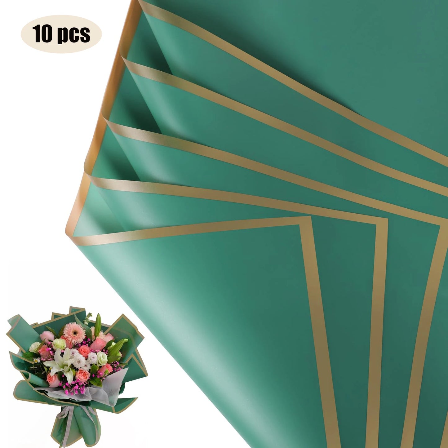 10 Sheets Flower Wrapping Paper with Golden Edges, Waterproof Bouquet Packaging - Ideal for DIY Weddings & Birthdays - 09-Dar