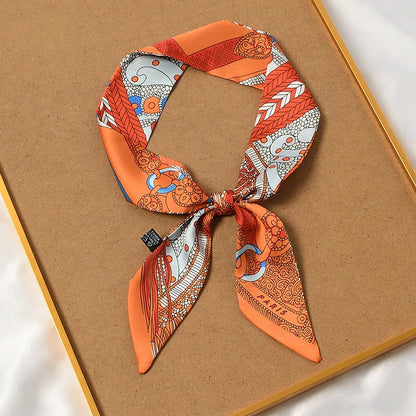 French Retro Print Tying and Wrapping Handle Ribbon Women's Imitation Silk Scarf Light Luxury Saddle Printed Streamer Decorat