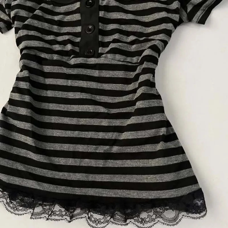 Vintage Slim Lace T-shirt Solid Color Casual Pattern Commuter High Street Fashion Y2K Cropped Top Trash Punk Hop Women's T-sh