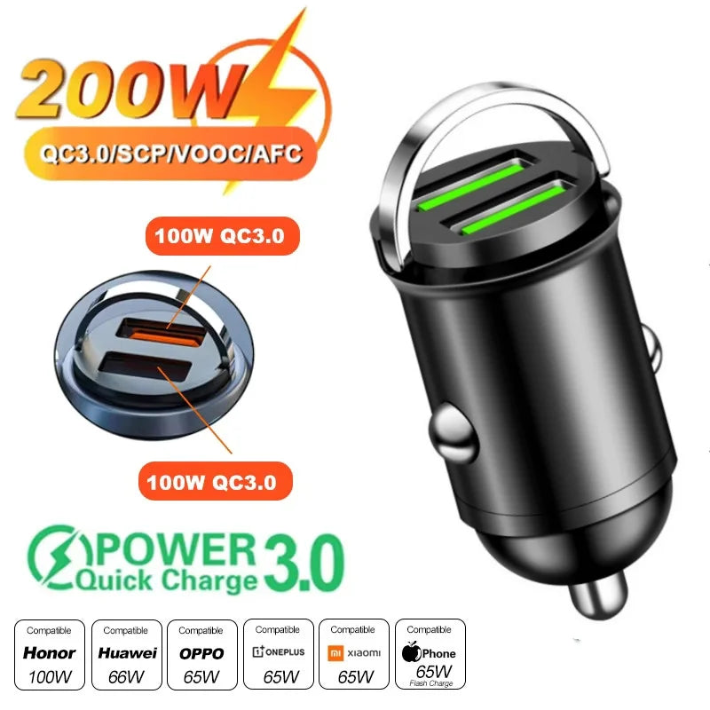 100W/200W QC3.0 PD Mini Car Charger 12-24V Lighter Fast Charging Car USB Type C Charger for Xiaomi Samsung Huawei iPhone Powe