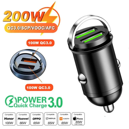 100W/200W QC3.0 PD Mini Car Charger 12-24V Lighter Fast Charging Car USB Type C Charger for Xiaomi Samsung Huawei iPhone Powe
