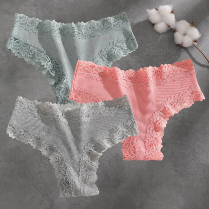 3Pcs Cotton Lace Patchwork Bikini Panties Women Seamless Floral Print Brazilian Pants Low Waist Breathable Female Sexy Linger