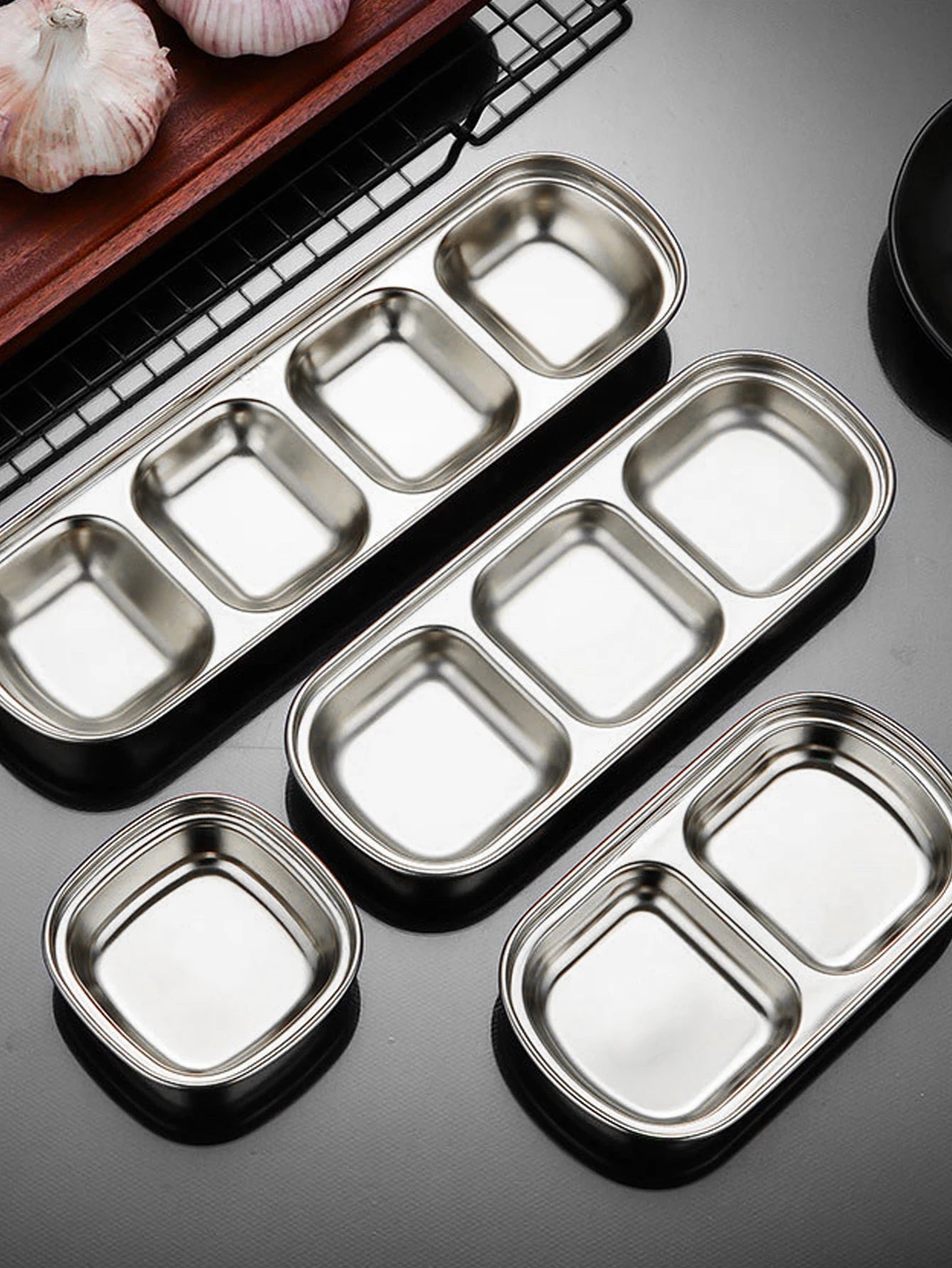 1/4 Pcs Stainless Steel Divided Seasoning Sauce Dip Bowl, 1/2/3/4 Compartment Korean Ketchup Sauce Bowl, Vinegar Soy Spice Co
