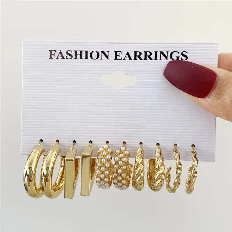 Fashion Geometric Hoop Earrings Set for Women Vintage Bohemian Pearl Gold Color Round Earring Punk Daily Wear Jewelry Gifts 2