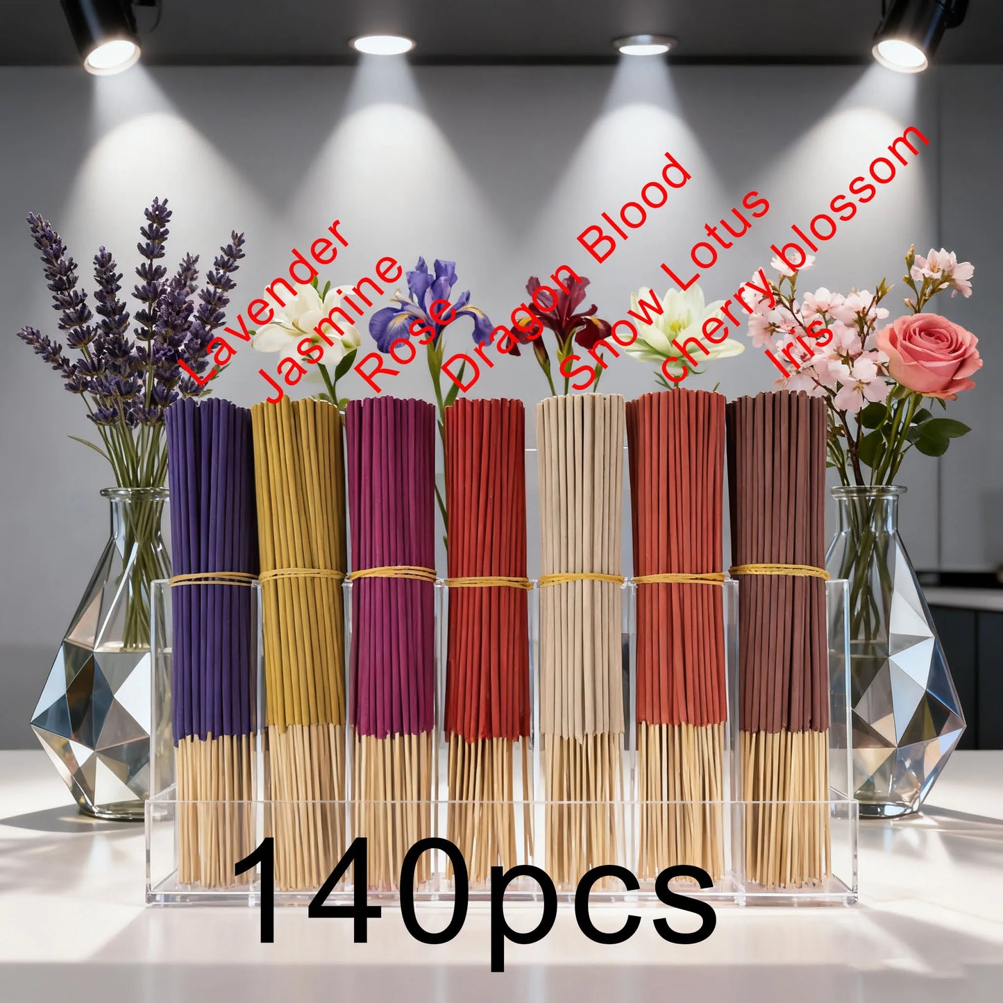 7 Sets of 140 Incense Sticks, Available in Four Seasonal Sets: Rose, Lavender, Sandalwood, Jasmine, Mint, Cherry Blossom, Her